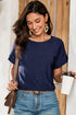 Navy Blue Solid Color Eyelet Jacquard Cuffed Short Sleeve Top