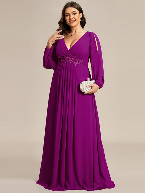 Chic Plus Size Chiffon Evening Gown with Long Lantern Sleeves and Applique Embellishment