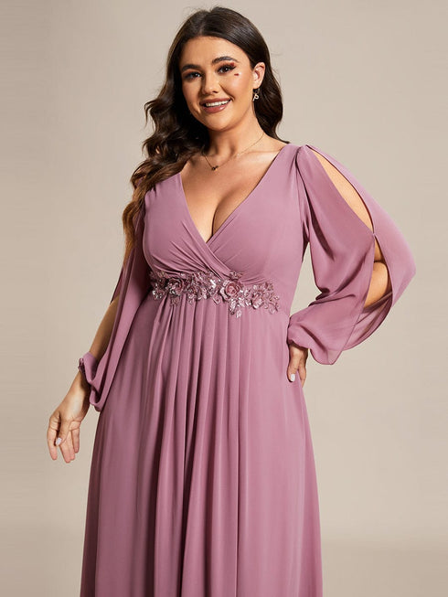 Chic Plus Size Chiffon Evening Gown with Long Lantern Sleeves and Applique Embellishment