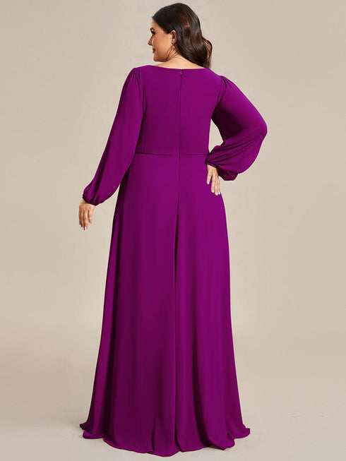 Chic Plus Size Chiffon Evening Gown with Long Lantern Sleeves and Applique Embellishment