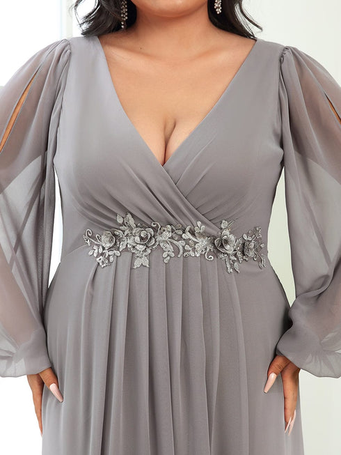 Chic Plus Size Chiffon Evening Gown with Long Lantern Sleeves and Applique Embellishment