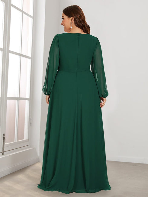 Chic Plus Size Chiffon Evening Gown with Long Lantern Sleeves and Applique Embellishment