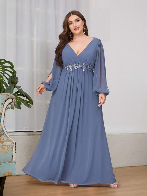 Chic Plus Size Chiffon Evening Gown with Long Lantern Sleeves and Applique Embellishment