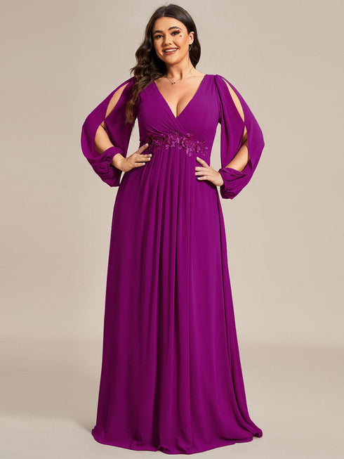 Chic Plus Size Chiffon Evening Gown with Long Lantern Sleeves and Applique Embellishment