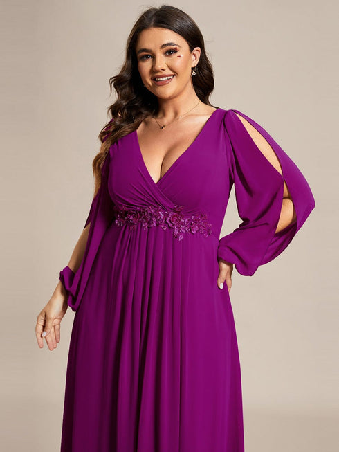 Chic Plus Size Chiffon Evening Gown with Long Lantern Sleeves and Applique Embellishment