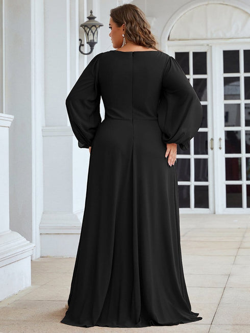 Chic Plus Size Chiffon Evening Gown with Long Lantern Sleeves and Applique Embellishment