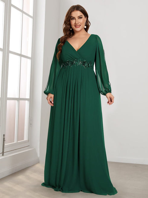 Chic Plus Size Chiffon Evening Gown with Long Lantern Sleeves and Applique Embellishment