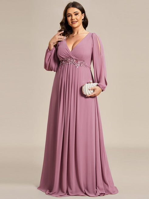 Chic Plus Size Chiffon Evening Gown with Long Lantern Sleeves and Applique Embellishment