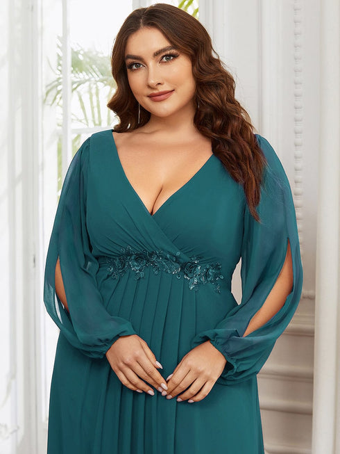 Chic Plus Size Chiffon Evening Gown with Long Lantern Sleeves and Applique Embellishment