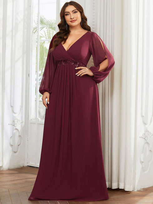Chic Plus Size Chiffon Evening Gown with Long Lantern Sleeves and Applique Embellishment