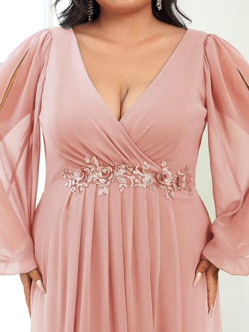 Chic Plus Size Chiffon Evening Gown with Long Lantern Sleeves and Applique Embellishment