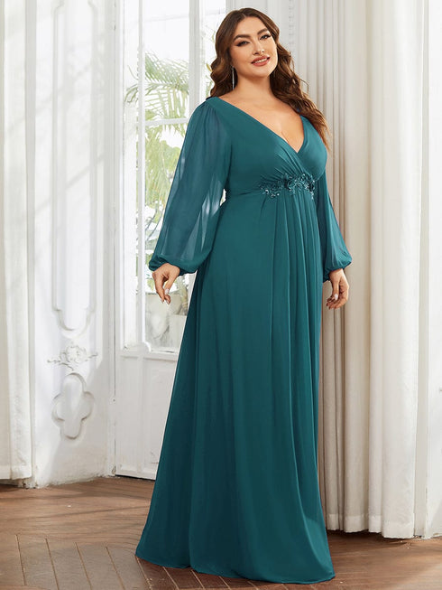 Chic Plus Size Chiffon Evening Gown with Long Lantern Sleeves and Applique Embellishment