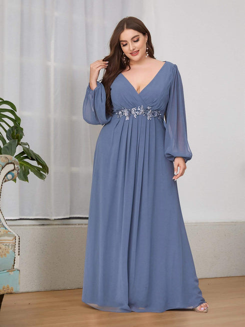 Chic Plus Size Chiffon Evening Gown with Long Lantern Sleeves and Applique Embellishment