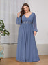Chic Plus Size Chiffon Evening Gown with Long Lantern Sleeves and Applique Embellishment
