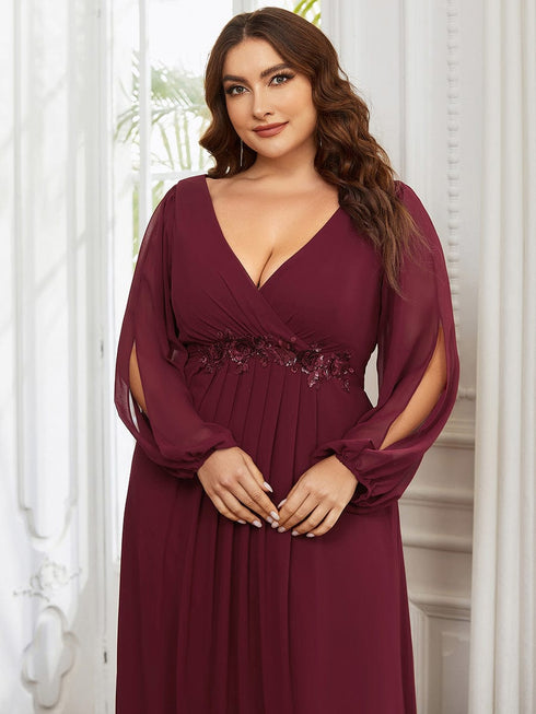 Chic Plus Size Chiffon Evening Gown with Long Lantern Sleeves and Applique Embellishment