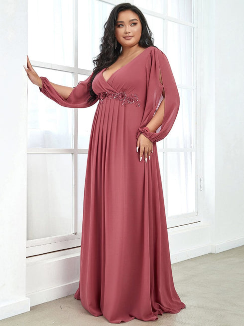 Chic Plus Size Chiffon Evening Gown with Long Lantern Sleeves and Applique Embellishment
