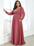 Chic Plus Size Chiffon Evening Gown with Long Lantern Sleeves and Applique Embellishment