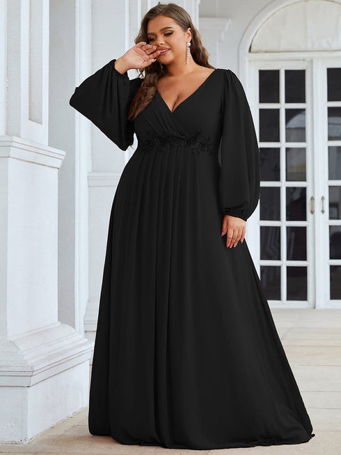 Chic Plus Size Chiffon Evening Gown with Long Lantern Sleeves and Applique Embellishment