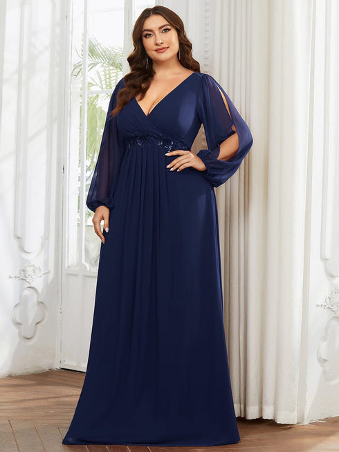 Chic Plus Size Chiffon Evening Gown with Long Lantern Sleeves and Applique Embellishment