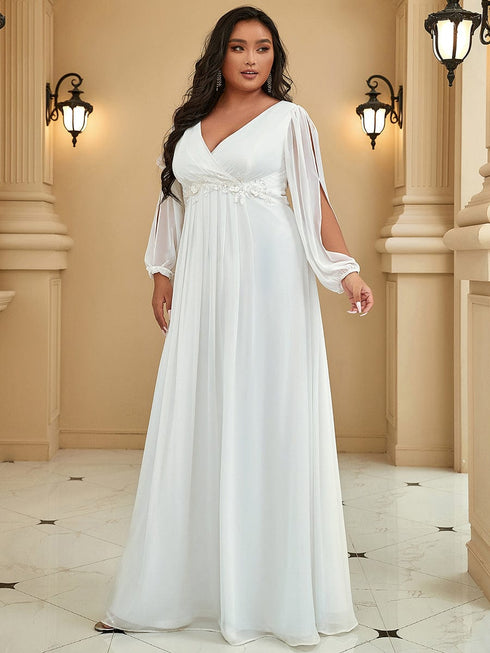 Chic Plus Size Chiffon Evening Gown with Long Lantern Sleeves and Applique Embellishment