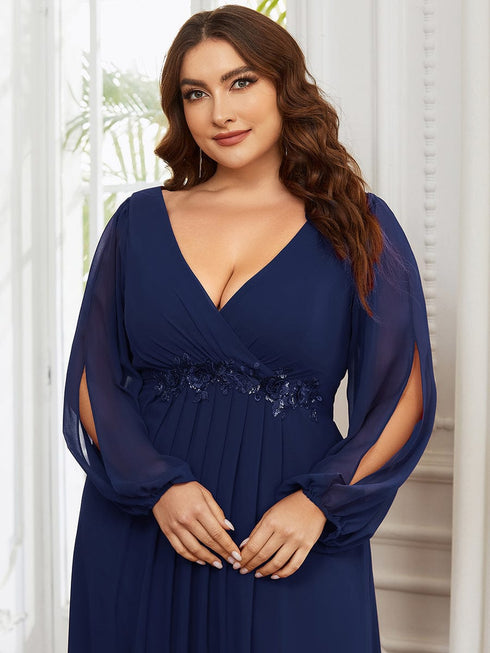 Chic Plus Size Chiffon Evening Gown with Long Lantern Sleeves and Applique Embellishment