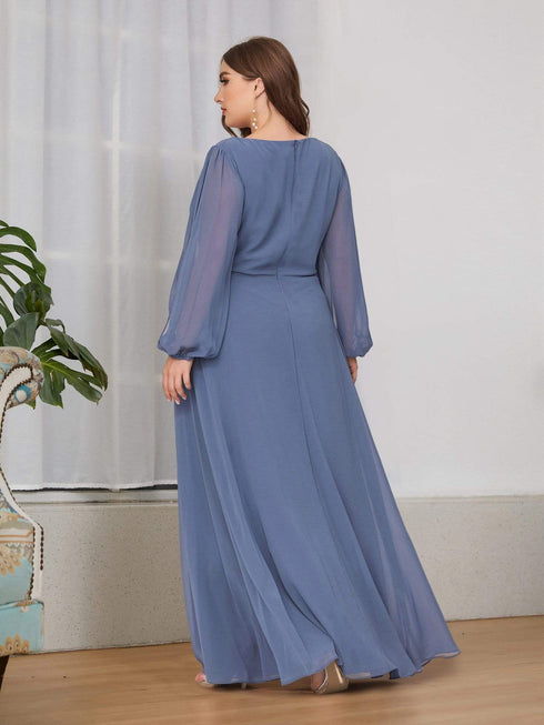 Chic Plus Size Chiffon Evening Gown with Long Lantern Sleeves and Applique Embellishment