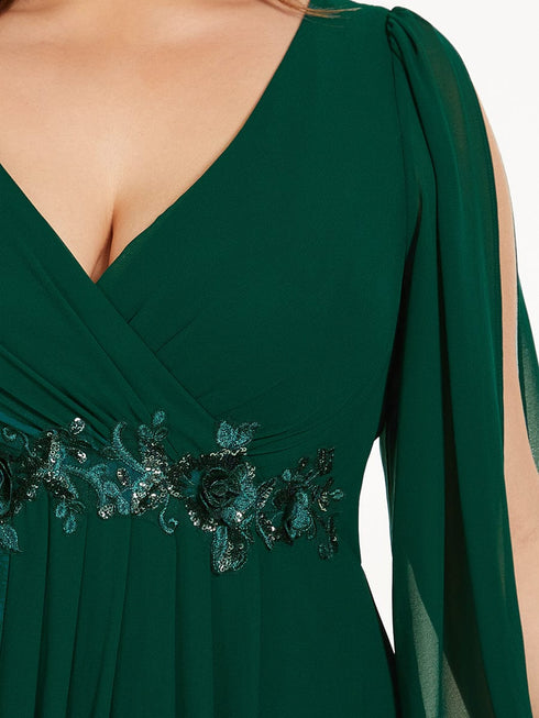 Chic Plus Size Chiffon Evening Gown with Long Lantern Sleeves and Applique Embellishment