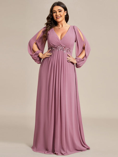 Chic Plus Size Chiffon Evening Gown with Long Lantern Sleeves and Applique Embellishment