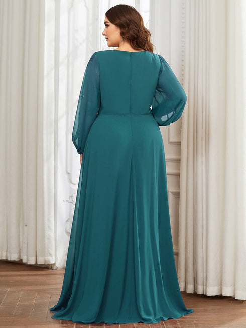 Chic Plus Size Chiffon Evening Gown with Long Lantern Sleeves and Applique Embellishment