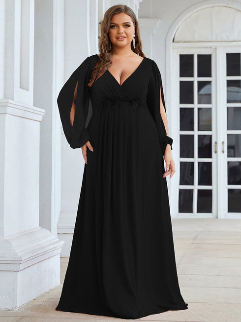 Chic Plus Size Chiffon Evening Gown with Long Lantern Sleeves and Applique Embellishment