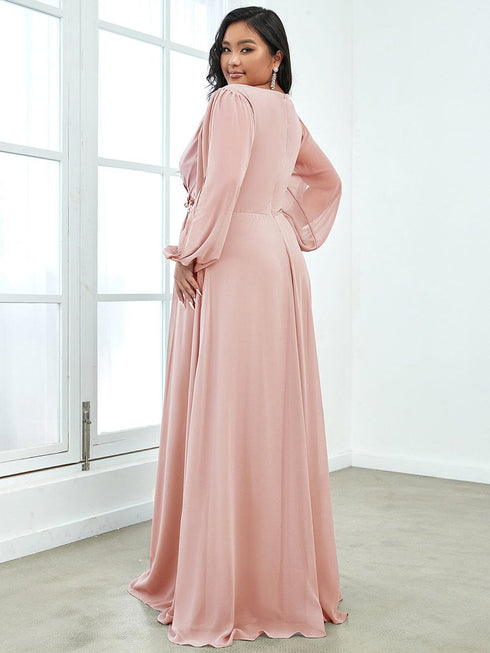 Chic Plus Size Chiffon Evening Gown with Long Lantern Sleeves and Applique Embellishment