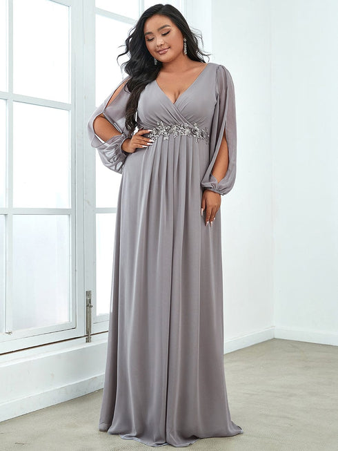Chic Plus Size Chiffon Evening Gown with Long Lantern Sleeves and Applique Embellishment