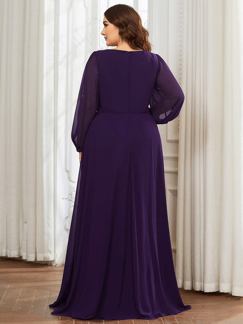 Chic Plus Size Chiffon Evening Gown with Long Lantern Sleeves and Applique Embellishment