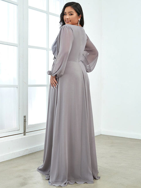 Chic Plus Size Chiffon Evening Gown with Long Lantern Sleeves and Applique Embellishment