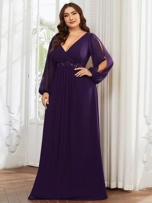 Chic Plus Size Chiffon Evening Gown with Long Lantern Sleeves and Applique Embellishment
