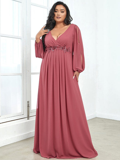 Chic Plus Size Chiffon Evening Gown with Long Lantern Sleeves and Applique Embellishment