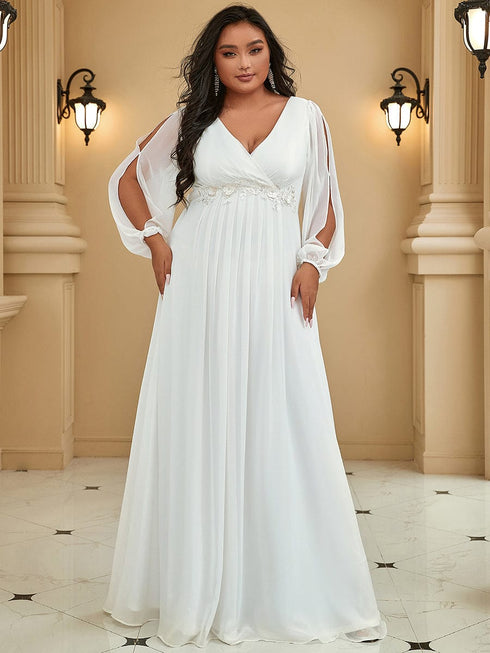 Chic Plus Size Chiffon Evening Gown with Long Lantern Sleeves and Applique Embellishment