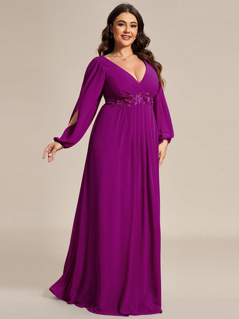 Chic Plus Size Chiffon Evening Gown with Long Lantern Sleeves and Applique Embellishment