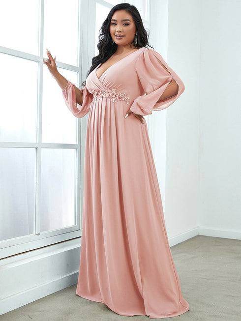Chic Plus Size Chiffon Evening Gown with Long Lantern Sleeves and Applique Embellishment