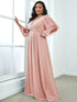 Chic Plus Size Chiffon Evening Gown with Long Lantern Sleeves and Applique Embellishment