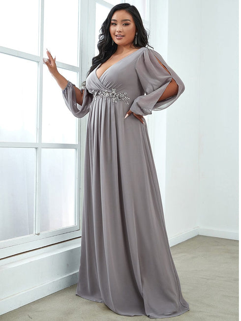 Chic Plus Size Chiffon Evening Gown with Long Lantern Sleeves and Applique Embellishment