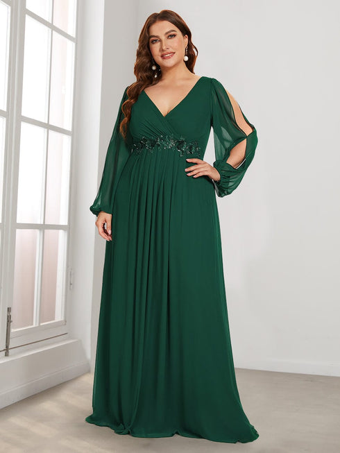 Chic Plus Size Chiffon Evening Gown with Long Lantern Sleeves and Applique Embellishment
