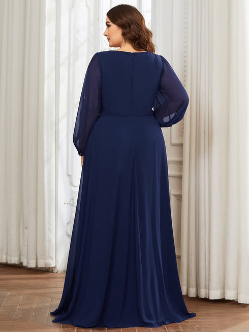 Chic Plus Size Chiffon Evening Gown with Long Lantern Sleeves and Applique Embellishment
