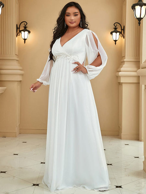 Chic Plus Size Chiffon Evening Gown with Long Lantern Sleeves and Applique Embellishment