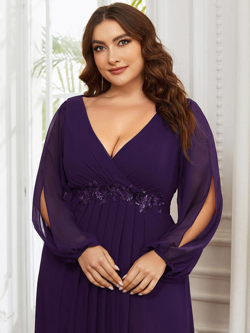 Chic Plus Size Chiffon Evening Gown with Long Lantern Sleeves and Applique Embellishment