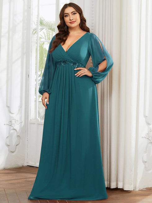 Chic Plus Size Chiffon Evening Gown with Long Lantern Sleeves and Applique Embellishment