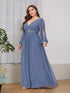 Chic Plus Size Chiffon Evening Gown with Long Lantern Sleeves and Applique Embellishment