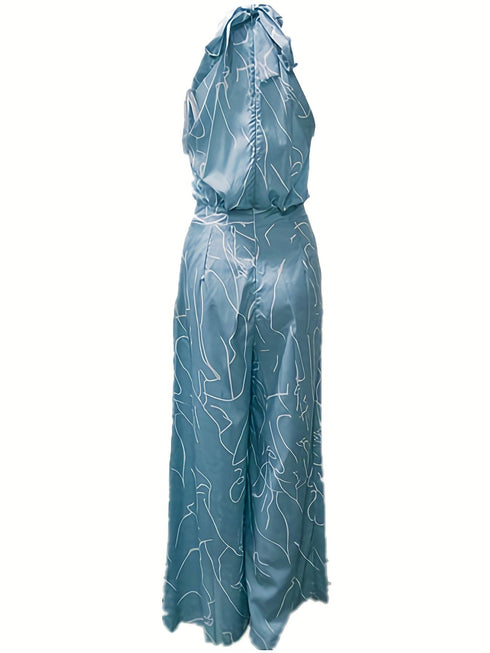 Chic Print Halter Tie Waist Wide Leg Jumpsuit