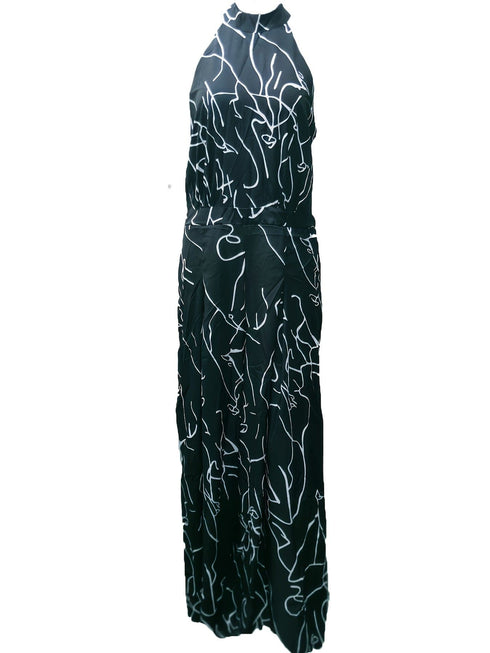 Chic Print Halter Tie Waist Wide Leg Jumpsuit