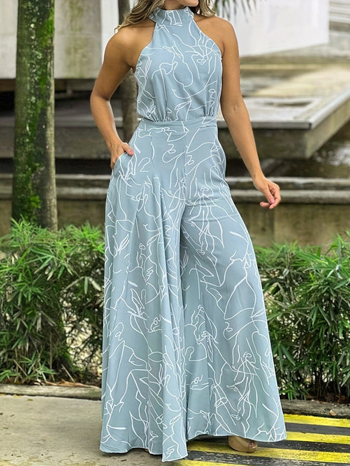 Chic Print Halter Tie Waist Wide Leg Jumpsuit